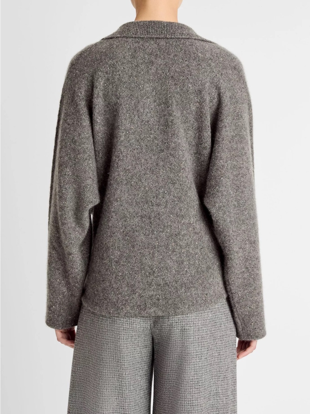 Vince Donegal Plush Cashmere Dolman-Sleeve Polo Sweater in Medium Heather Grey - Picture 2 of 8
